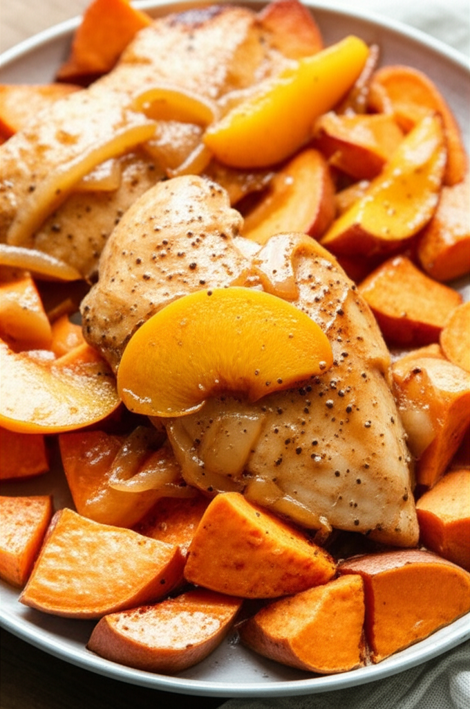 Baked Chicken With Peaches And Sweet Potatoes image