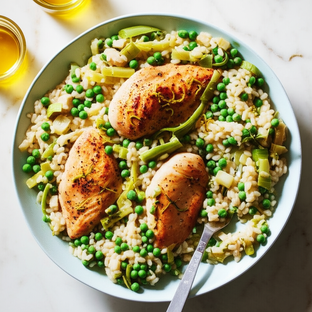 Baked Chicken Lemon And Pea Risotto image
