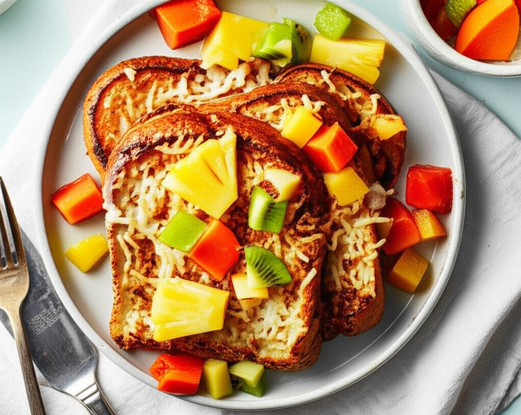 Baked Coconut French Toast With Tropical Fruit Compote image