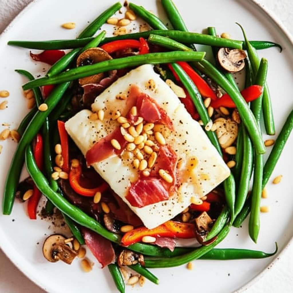 Baked Cod With Vegetables Prosciutto And Pine Nuts image