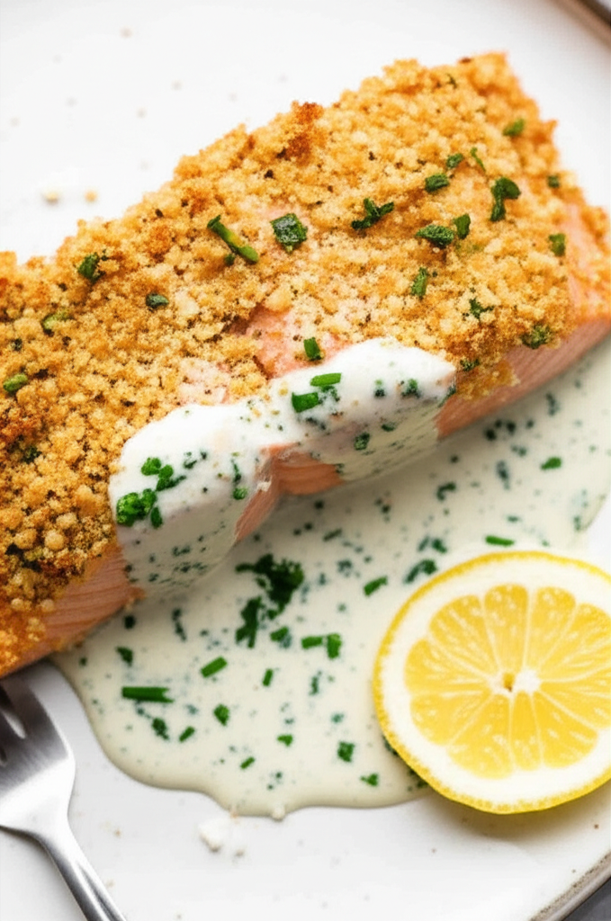 Baked Crumbed Salmon With Creamy Herb Sauce image