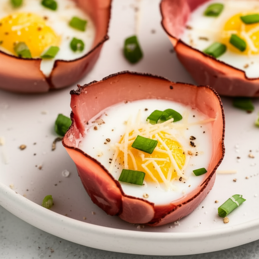 Baked Egg In Ham Cups With Parmesan And Green Onion image