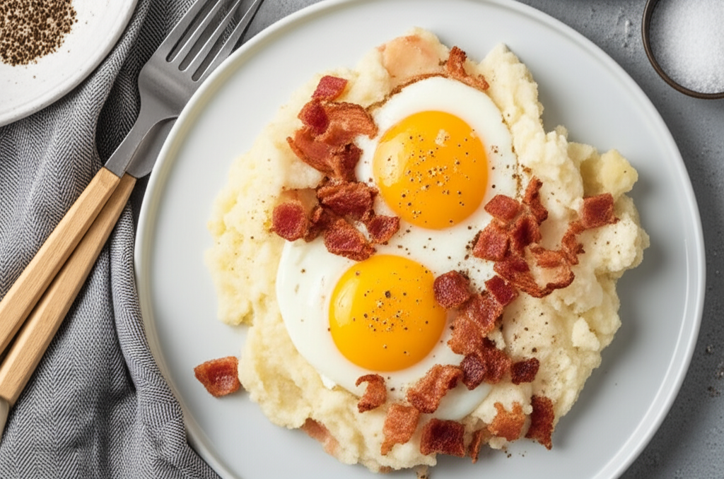 Baked Eggs On A Bed Of Potatoes With Bacon image