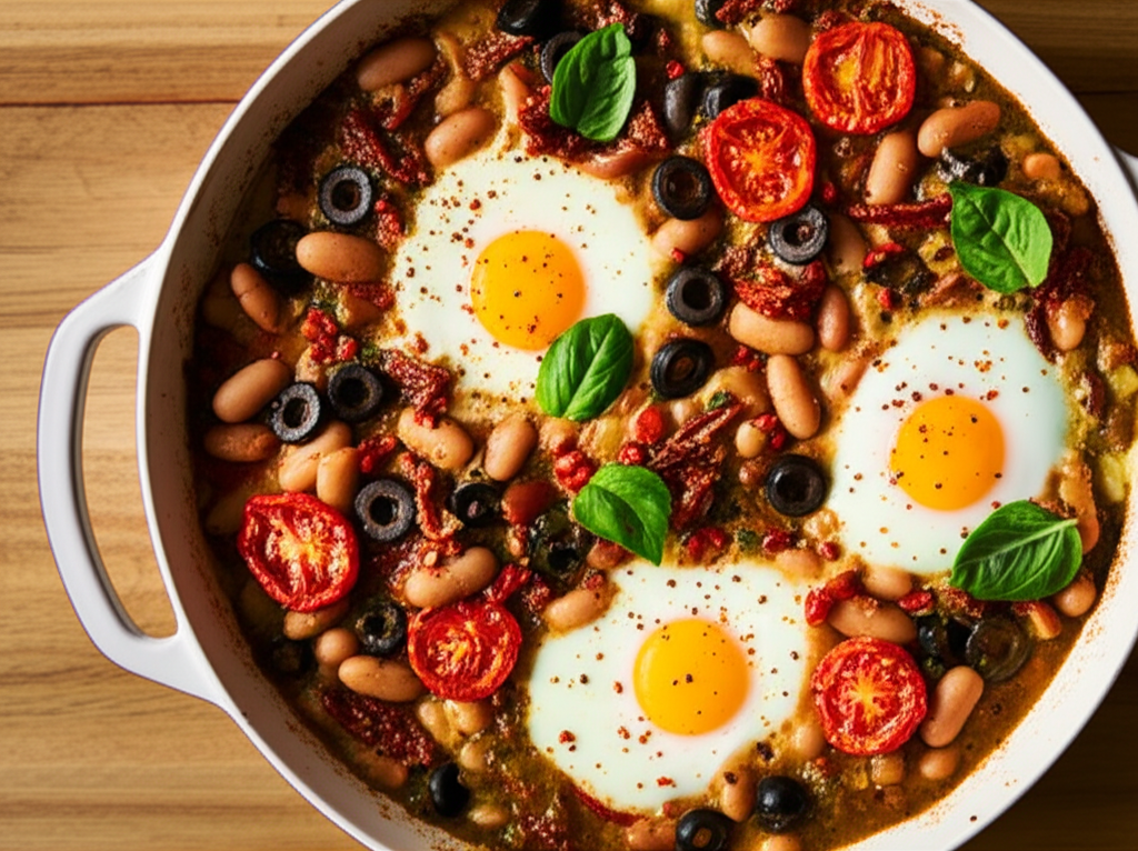 Baked Eggs With Basil Red Kidney Beans Pesto And Chilli image