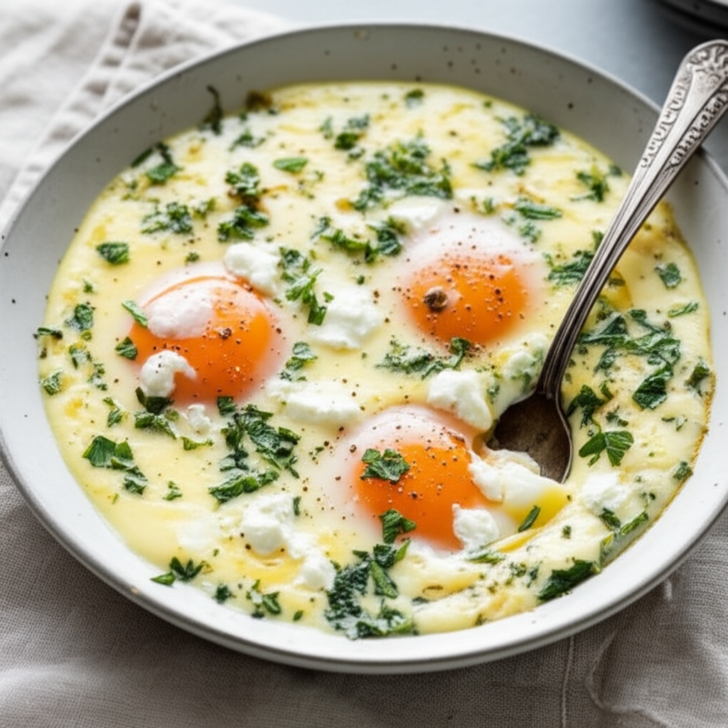 Baked Eggs With Fresh Herbs And Goat Cheese image