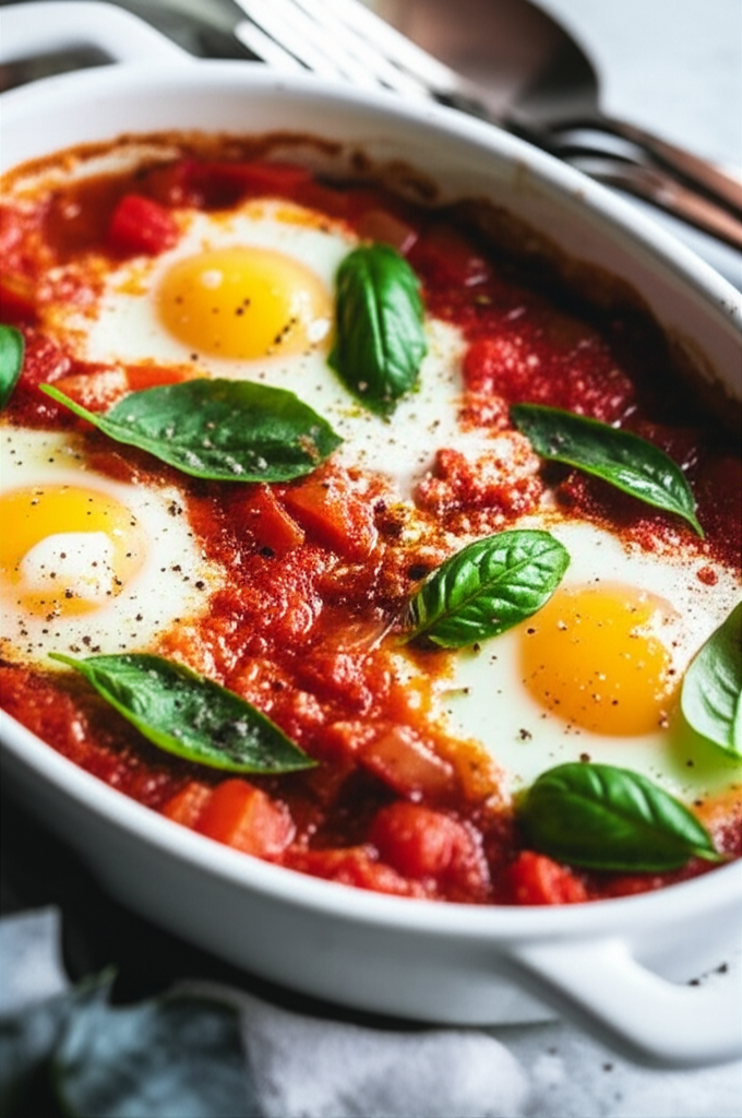 Baked Eggs With Tomatoes Uova Al Piatto Con Pomodori image