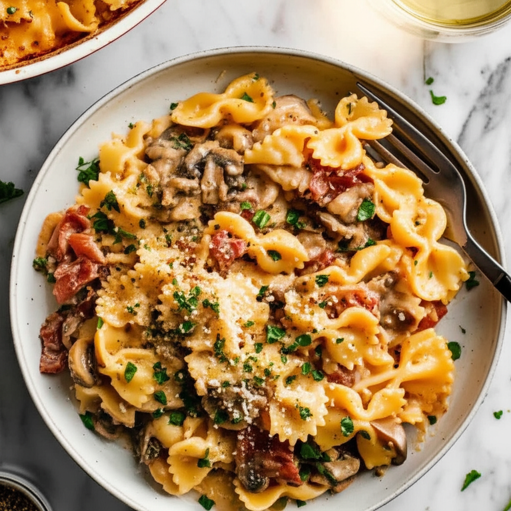 Baked Farfalle With Prosciutto And Mushrooms image