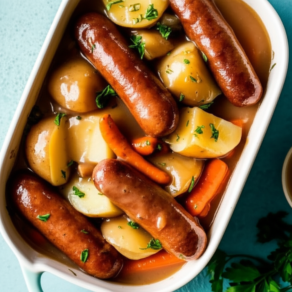 Baked Farmer Sausage Potatoes And Carrots With Gravy image