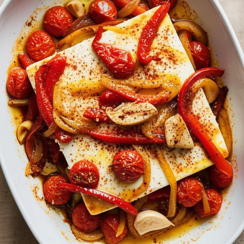Baked Feta Cheese With Onions Red Pepper Tomatoes image