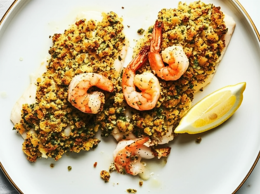 Baked Fish With Crispy Herbed Shrimp Topping image