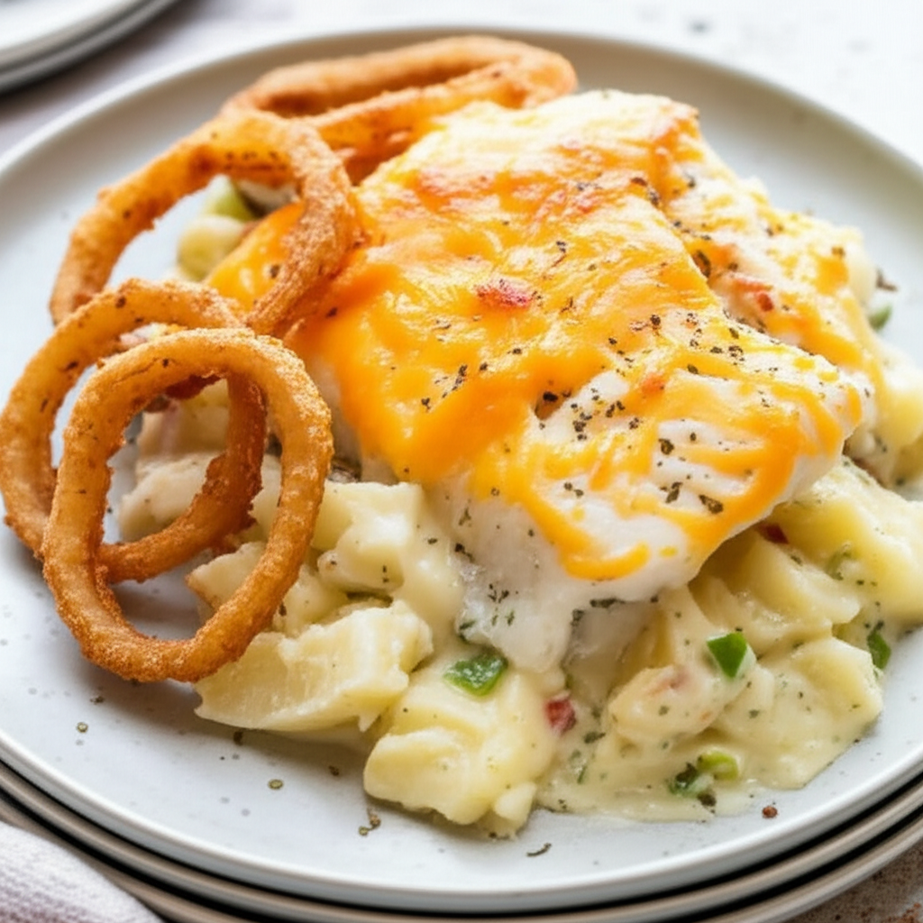 Baked Fish With Potatoes And Onion Rings image