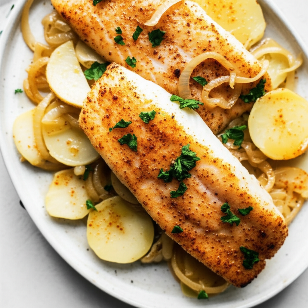 Baked Fish With Potatoes Onions Saffron And Paprika image