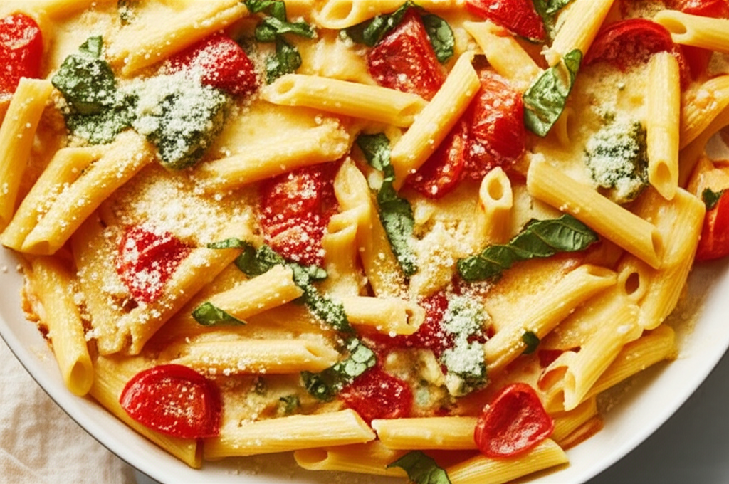 Baked Four Cheese Pasta With Tomatoes And Basil image