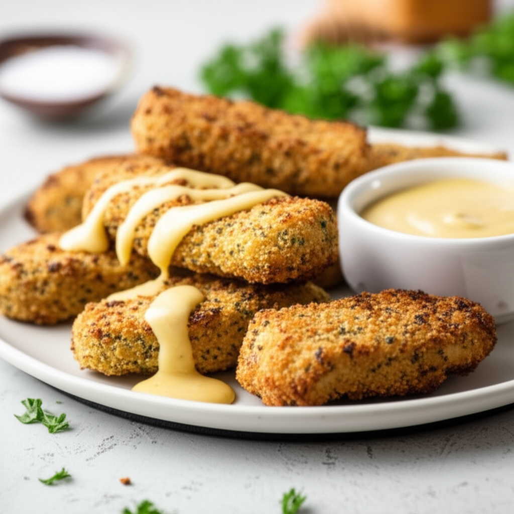 Baked Gluten Free Chicken Fish Nuggets With Honey Mustard Sauce image
