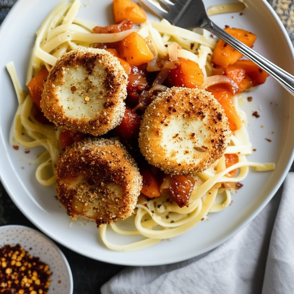 Baked Goat Cheese And Roasted Winter Squash Over Garlicky Pasta image