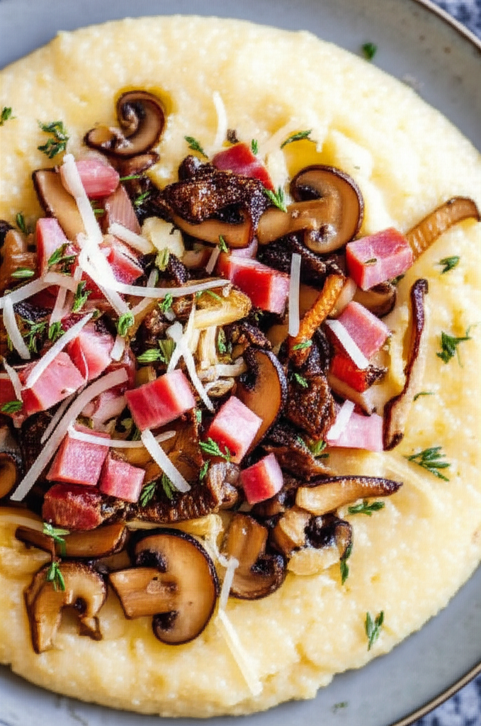 Baked Grits With Ham Wild Mushrooms And Parmesan image