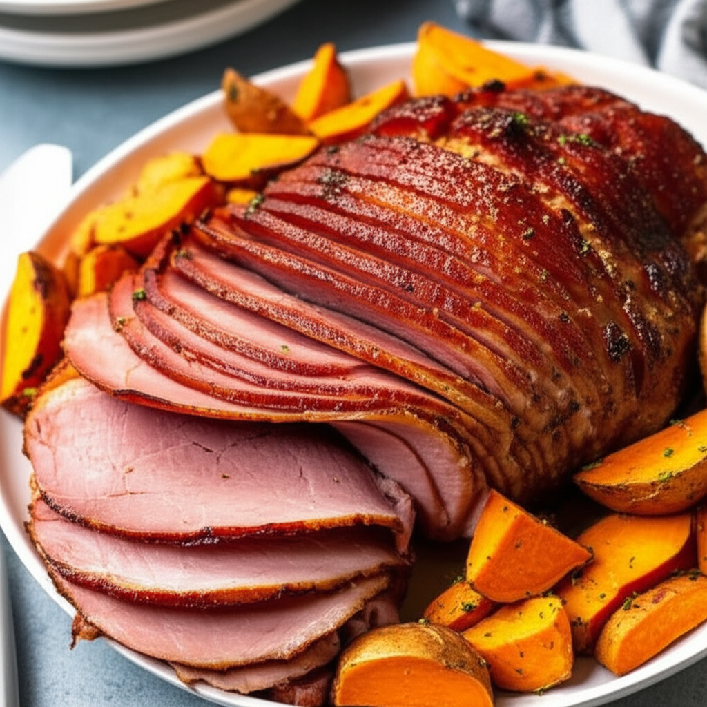 Baked Ham With Sweet And Baked Potatoes image