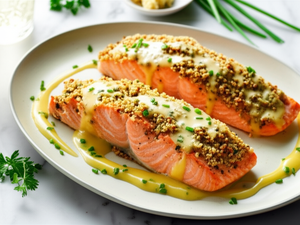 Baked Horseradish Salmon With Chardonnay Chive Butter Sauce image
