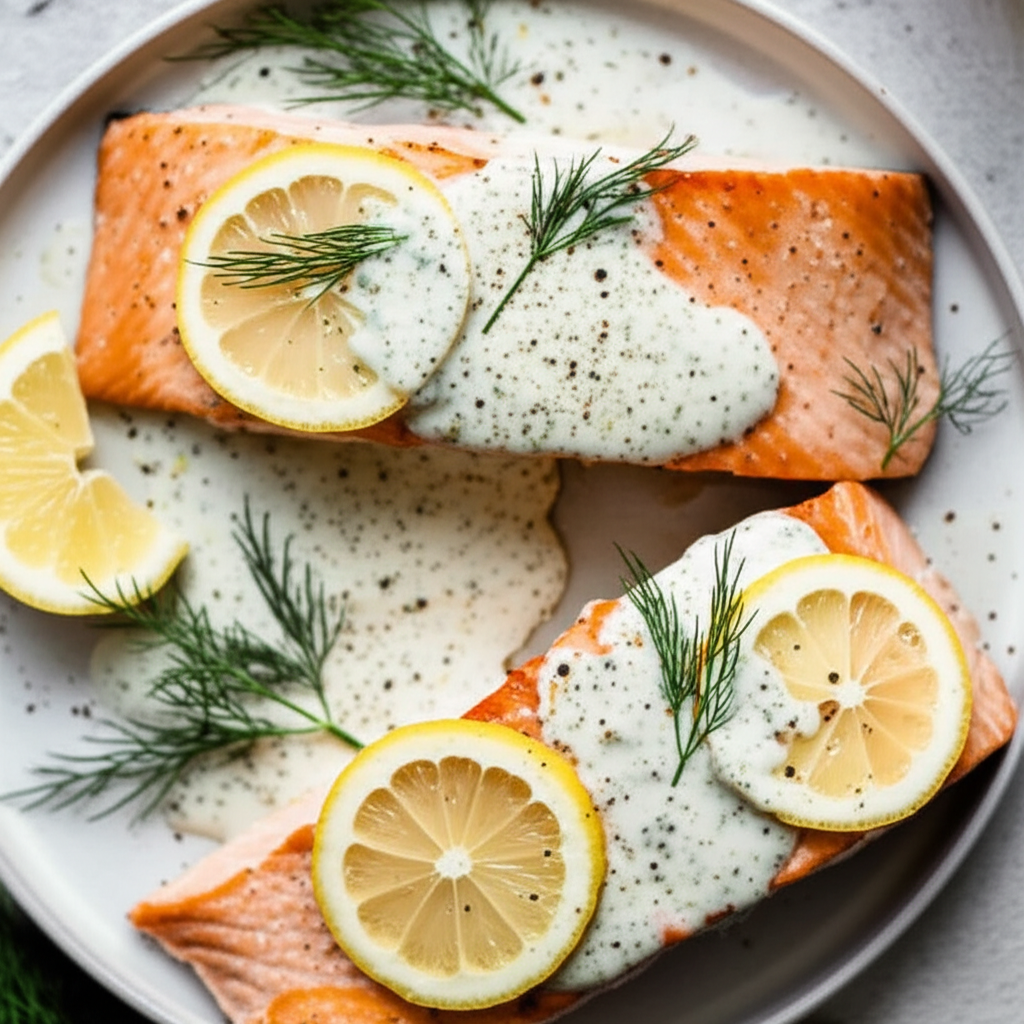 Baked Lemon Salmon With Lemon Dill Sauce image