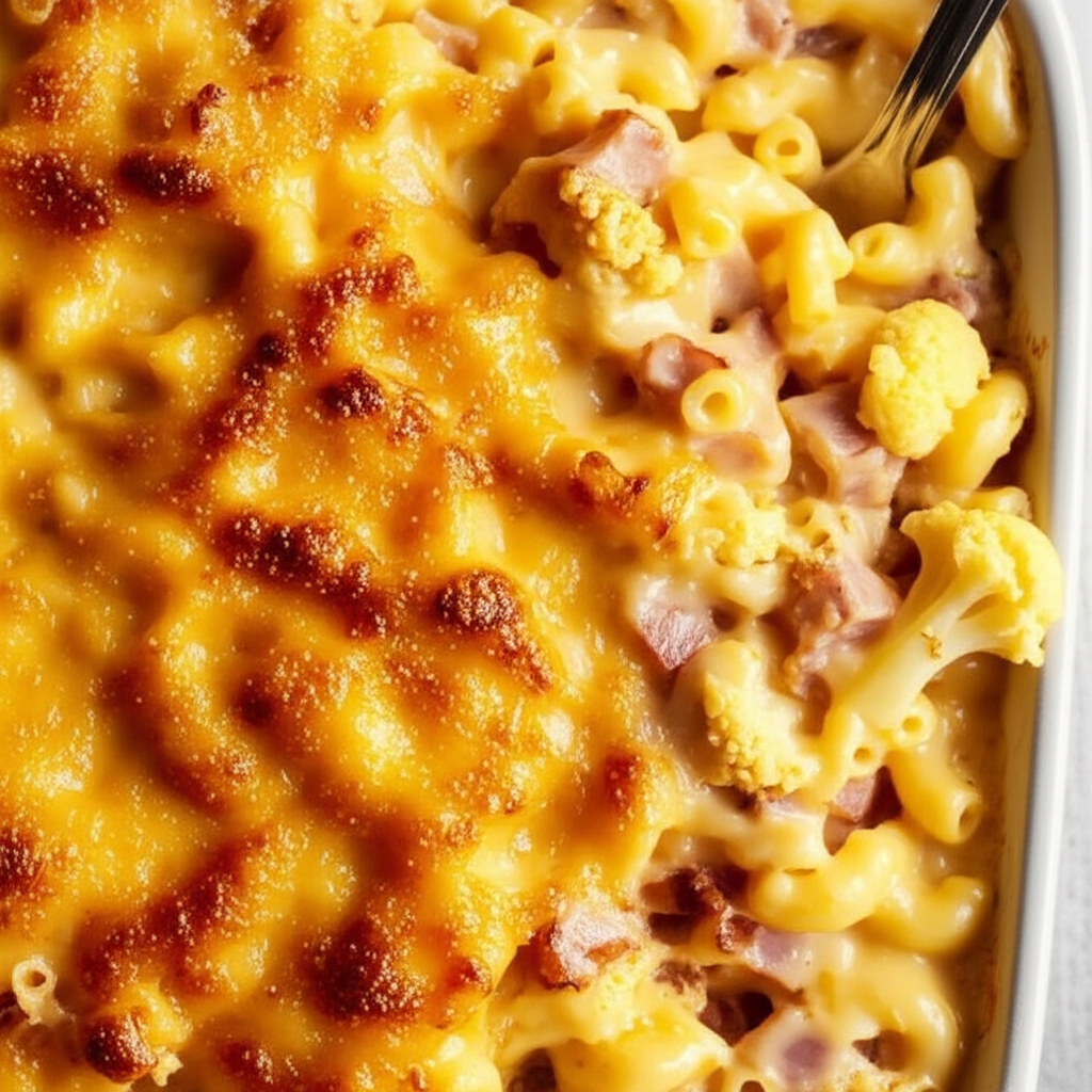 Baked Macaroni And Cheese With Cauliflower And Ham image