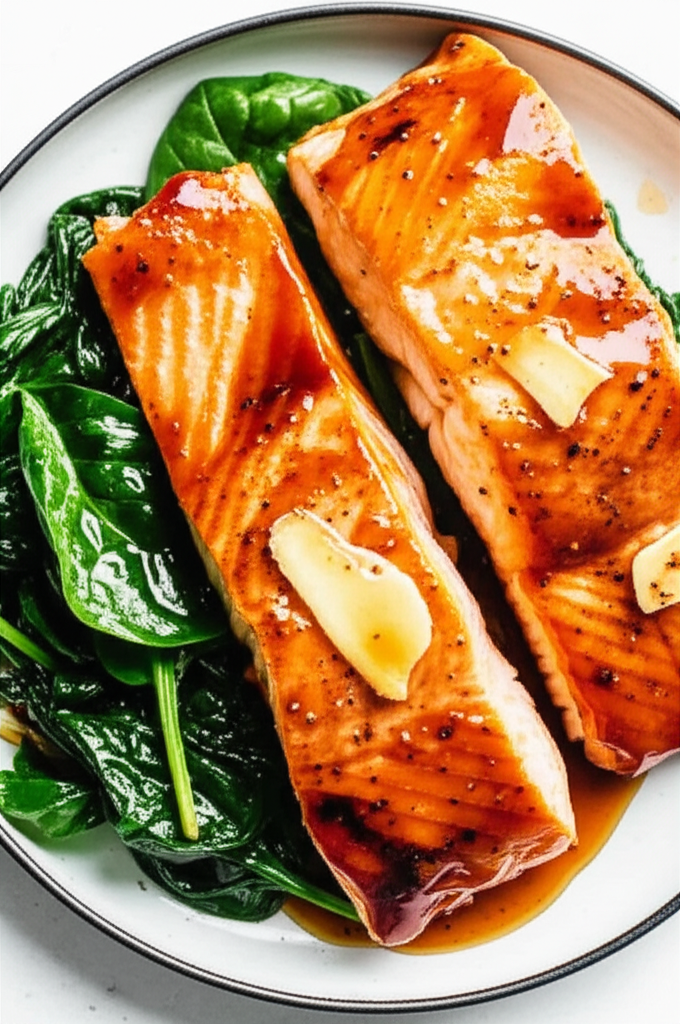 Baked Maple Glazed Salmon With Wilted Spinach image
