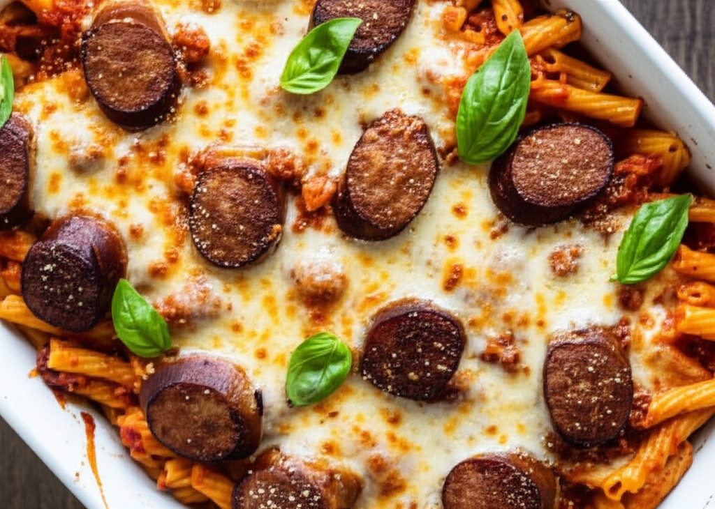 Baked Pasta With Sausage Tomatoes And Cheese image