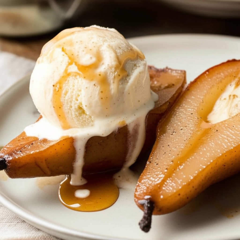 Baked Pears With Brandy Vanilla Ice Cream image