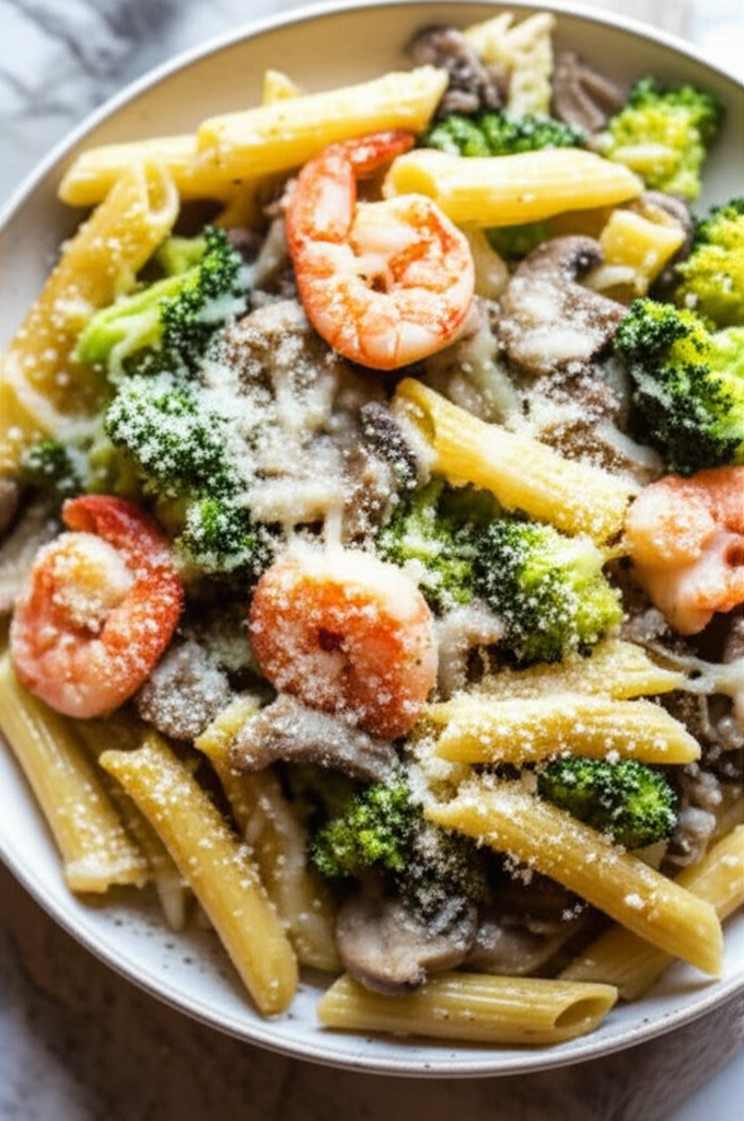 Baked Penne With Mushrooms Shrimp And Broccoli image