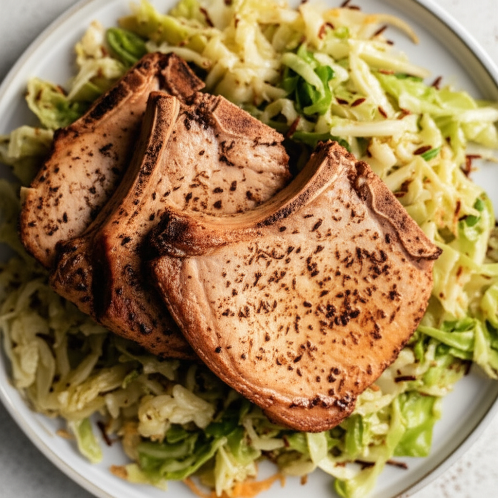 Baked Pork Chops With Caraway Seeds And Cabbage image