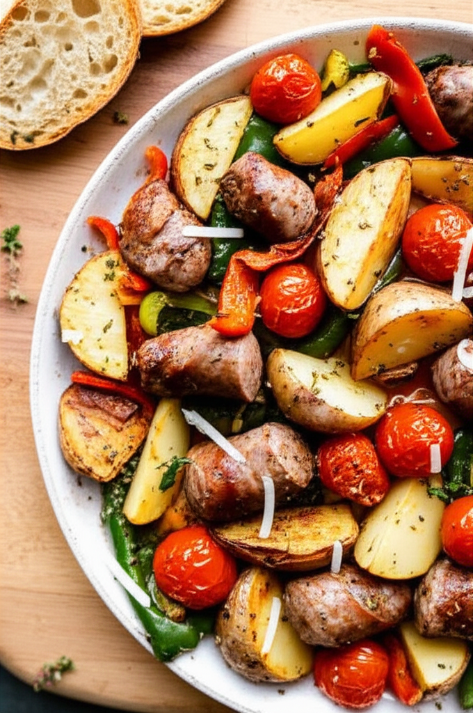 Baked Pork Sausages With Potatoes And Tomatoes image