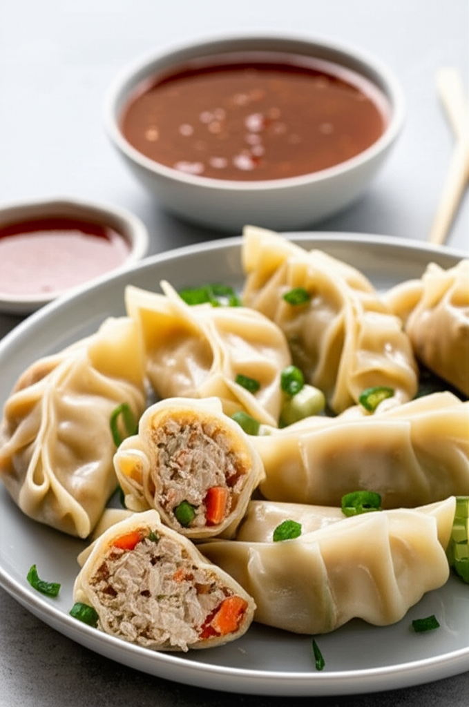 Baked Pot Stickers Sweet Asian Dipping Sauce Chicken Egg Roll image