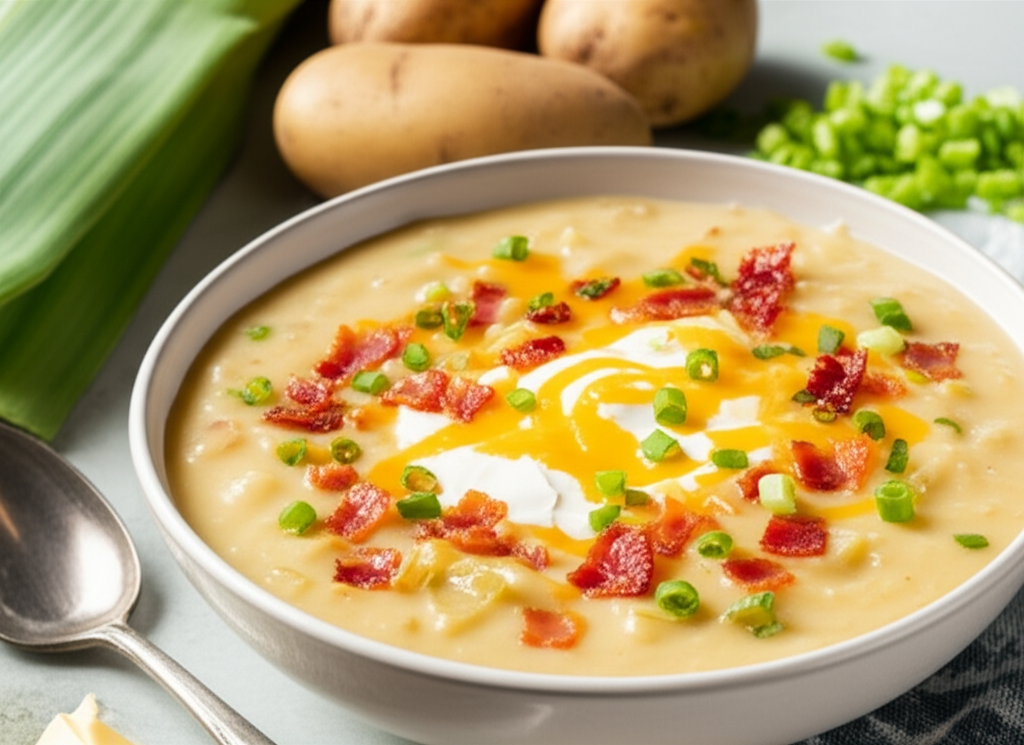 Baked Potato Leek Soup With Cheddar Bacon image