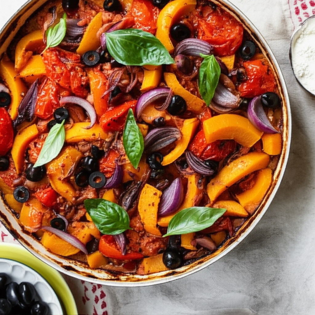 Baked Pumpkin With Onions Tomatoes And Basil image