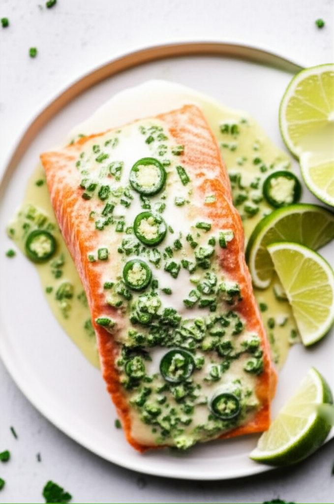 Baked Salmon With Lime Jalapeno Chive And Sour Cream Sauce image