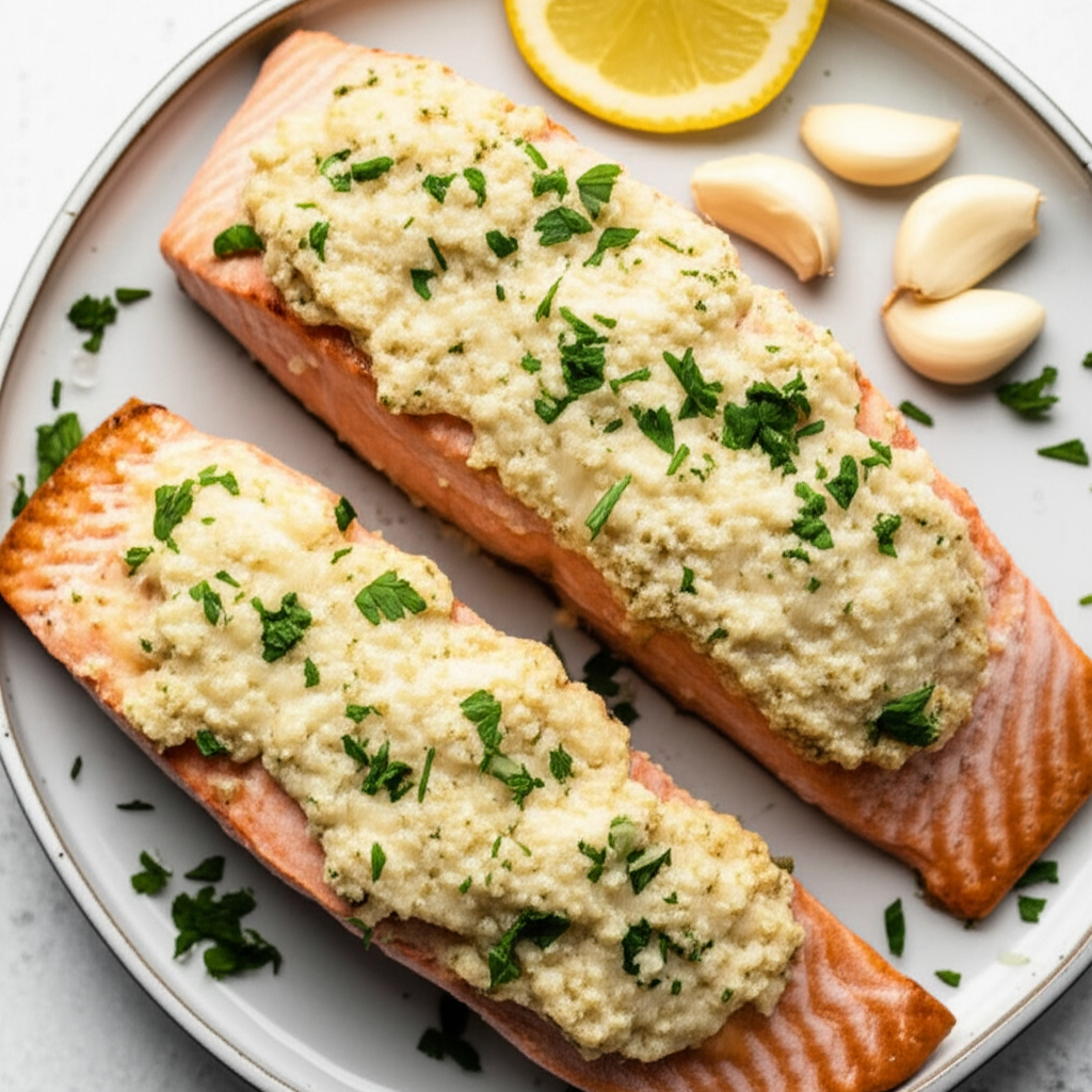 Baked Salmon Topped With Roasted Garlic And Savory Mayo image