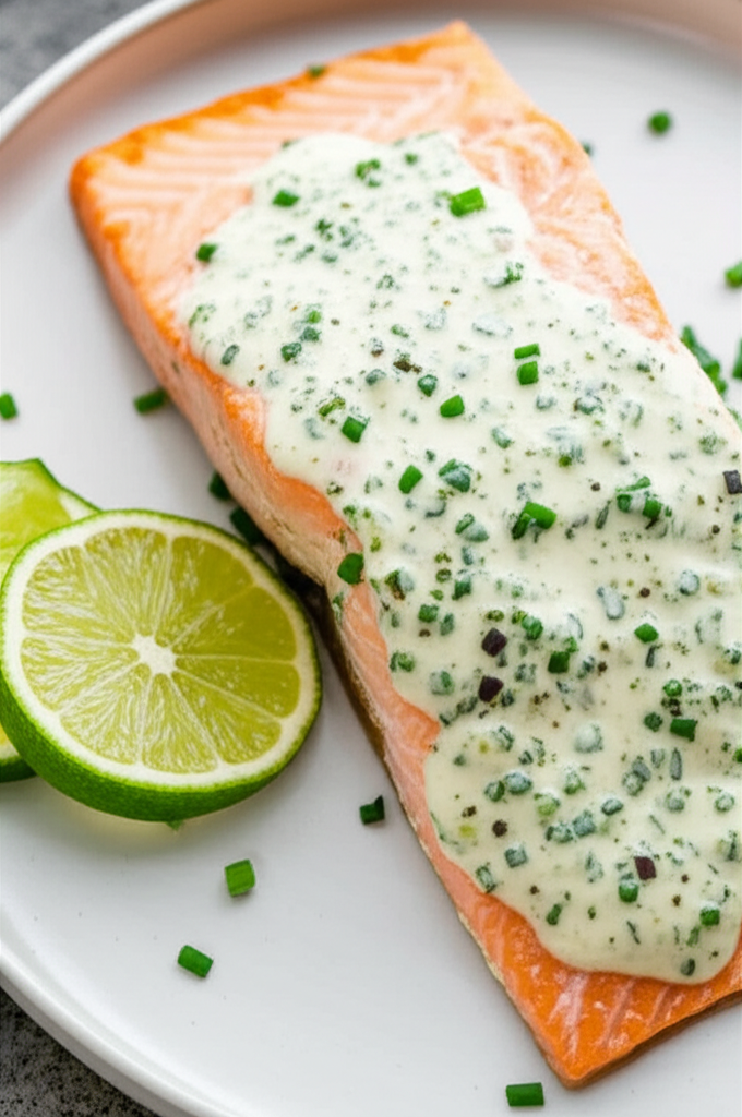 Baked Salmon With Lime Jalapeno Chive And Sour Cream Sauce image