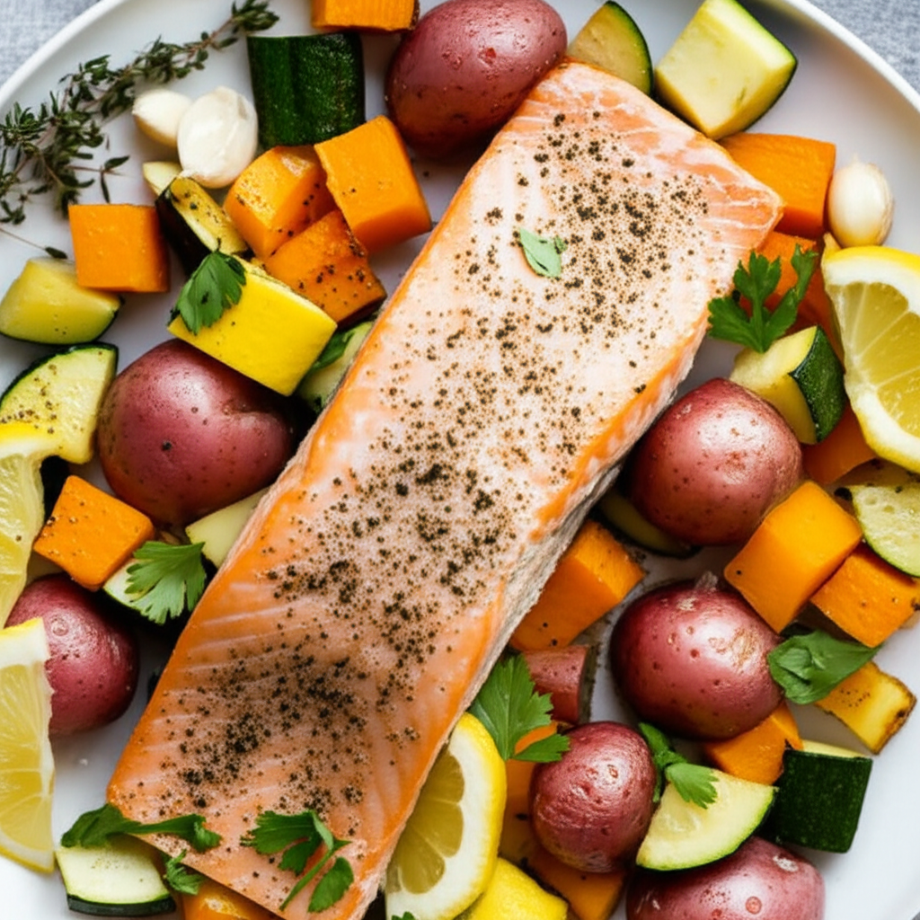 Baked Salmon With Red Potatoes And Squash image