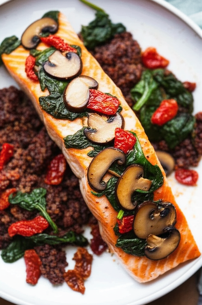 Baked Salmon With Tomatoes Spinach And Mushrooms image