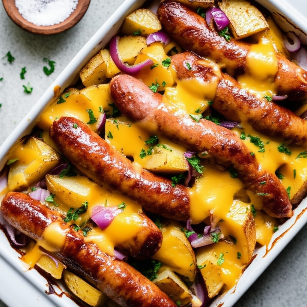 Baked Sausages With Potatoes And Cheddar image
