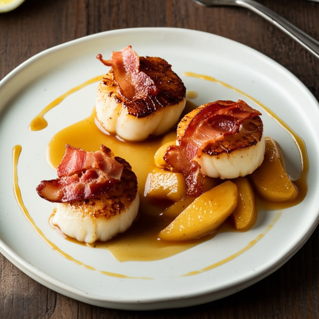 Baked Scallops With Bacon Sauteed Apples And Cider Sauce image