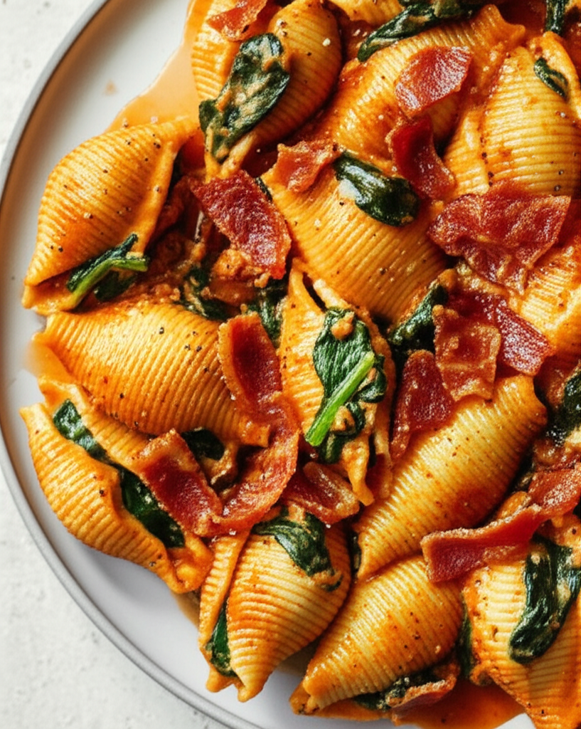 Baked Shells With Fresh Spinach And Pancetta image