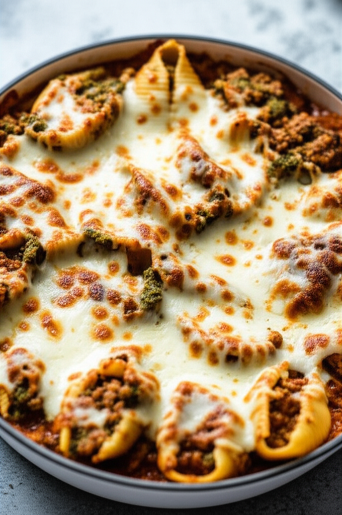 Baked Shells With Pesto Mozzarella And Meat Sauce image