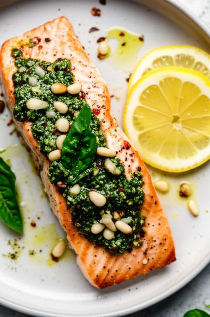 Pan Seared Salmon With Lemon Basil Pesto image