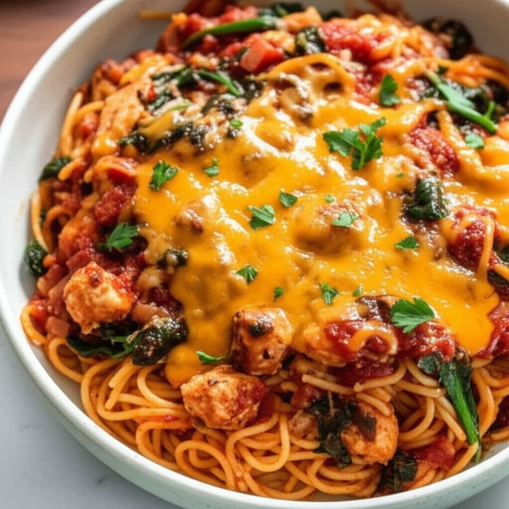 Baked Spaghetti With Chicken And Spinach image