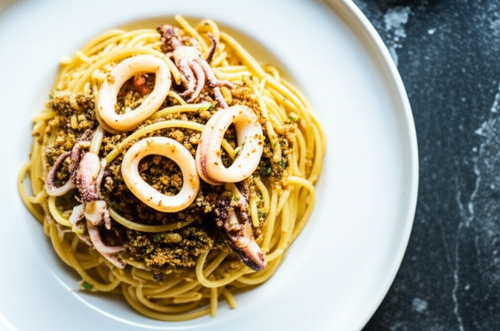Baked Squid With Garlic Anchovy Pasta image
