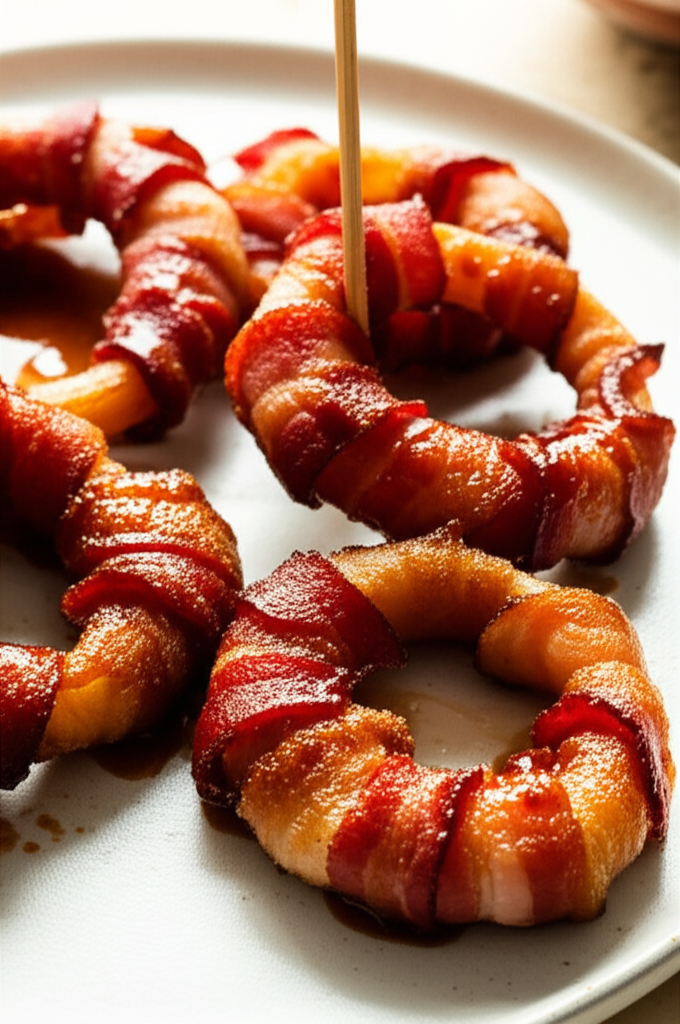 Baked Sriracha Brown Sugar Glazed Bacon Wrapped Onion Rings image