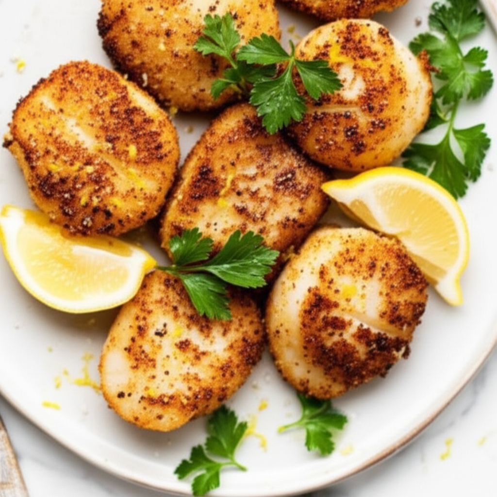 Parmesan Breaded Scallops With Lemon Garnish image