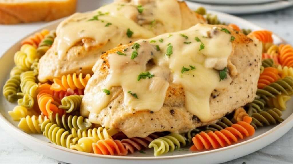 Baked Swiss Chicken Over Tri Colored Spiral Pasta image