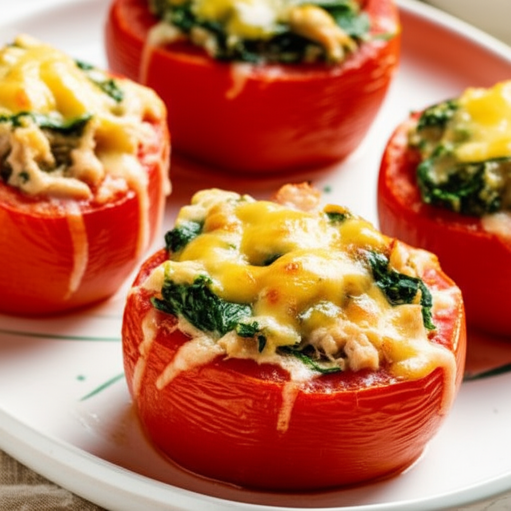 Baked Tomatoes Stuffed With Chicken And Spinach image