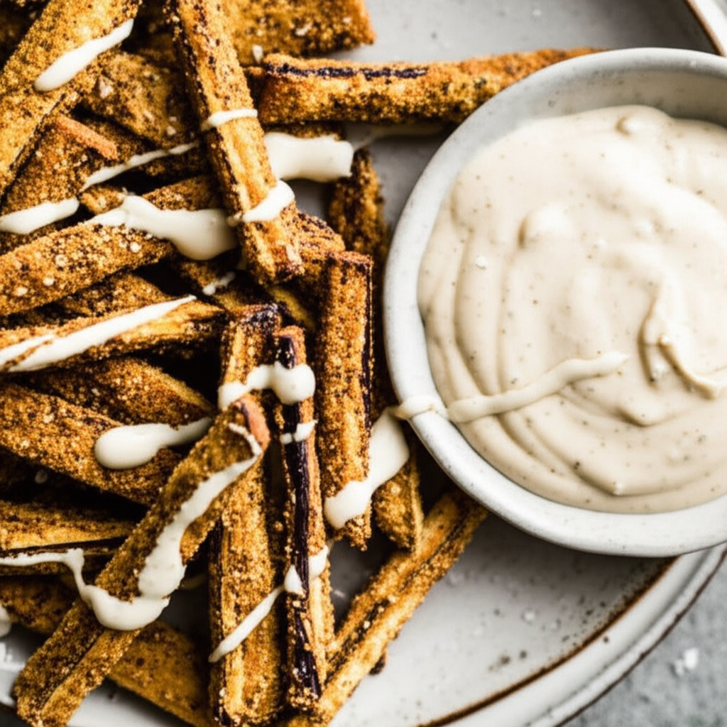 Baked Za Atar Eggplant Fries With Lemon Tahini Dip image